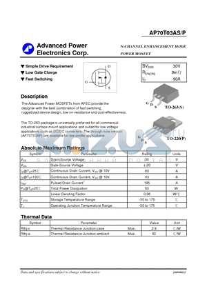 AP70T03AS datasheet - Simple Drive Requirement, Low Gate Charge
