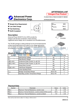 AP70T03GJ-HF datasheet - Simple Drive Requirement, Low Gate Charge