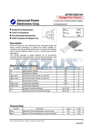 AP70T15GP-HF datasheet - N-CHANNEL ENHANCEMENT MODE POWER MOSFET