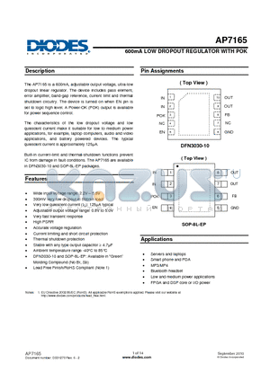 AP7165-FNG-7 datasheet - 600mA LOW DROPOUT REGULATOR WITH POK