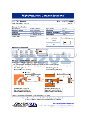 1575AT47A0040 datasheet - 1.57 GHz Antenna