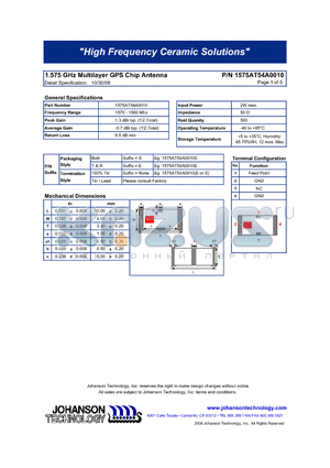 1575AT54A0010 datasheet - 1.575 GHz Multilayer GPS Chip Antenna