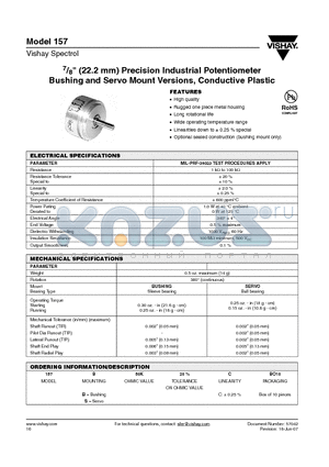 157B50KCBO10 datasheet - 7/8 (22.2 mm) Precision Industrial Potentiometer Bushing and Servo Mount Versions, Conductive Plastic