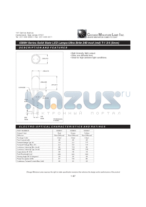 4308H5 datasheet - Solid State LED Lamps-Ultra Brite 240 mcd (red) T-1 3/4 (5mm)