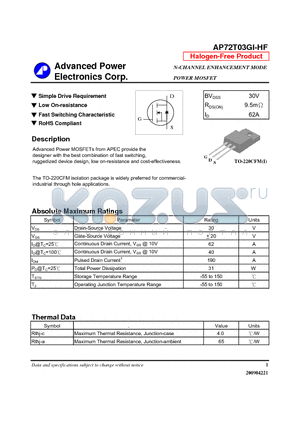 AP72T03GI-HF datasheet - Simple Drive Requirement, Low On-resistance