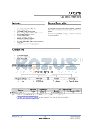 AP7217D datasheet - 1.2V 600mA CMOS LDO