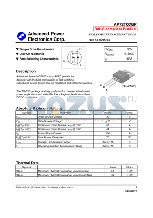 AP72T03GP datasheet - Simple Drive Requirement, Low On-resistance