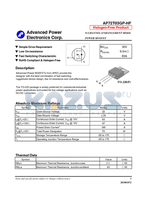 AP72T03GP-HF datasheet - Simple Drive Requirement, Low On-resistance