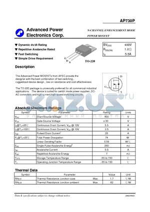 AP730P datasheet - N-CHANNEL ENHANCEMENT MODE POWER MOSFET