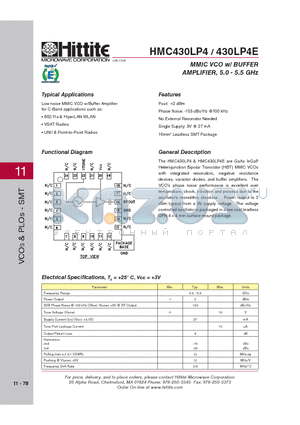 430LP4E datasheet - MMIC VCO w/ BUFFER AMPLIFIER, 5.0 - 5.5 GHz