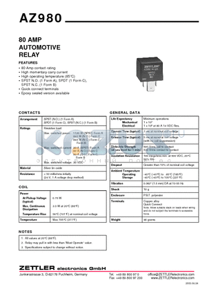 AZ980 datasheet - 80 AMP AUTOMOTIVE RELAY