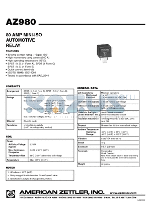 AZ980 datasheet - 80 AMP MINI-ISO AUTOMOTIVE RELAY