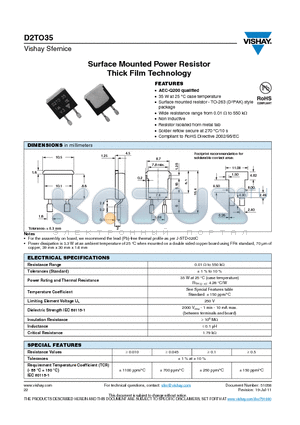 D2TO035CR2000KRE3 datasheet - Surface Mounted Power Resistor Thick Film Technology