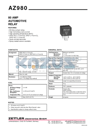 AZ980-1A-24D datasheet - 80 AMP AUTOMOTIVE RELAY