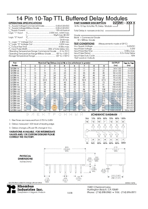 D2TZM1-100M datasheet - 14 Pin 10-Tap TTL Buffered Delay Modules