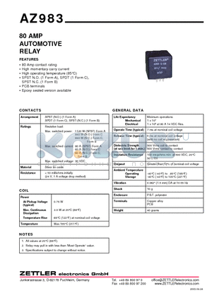 AZ983-1C-6D datasheet - 80 AMP AUTOMOTIVE RELAY