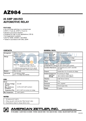 AZ984 datasheet - 20 AMP 280-ISO AUTOMOTIVE RELAY