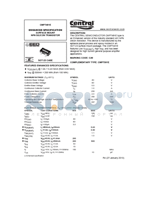 CMPT491E_10 datasheet - ENHANCED SPECIFICATION SURFACE MOUNT NPN SILICON TRANSISTOR