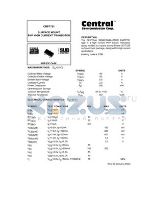 CMPT751 datasheet - SURFACE MOUNT PNP HIGH CURRENT TRANSISTOR