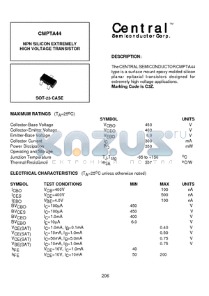 CMPTA44 datasheet - NPN SILICON EXTREMELY HIGH VOLTAGE TRANSISTOR