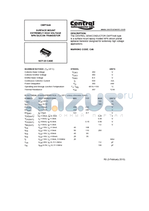 CMPTA46_10 datasheet - SURFACE MOUNT EXTREMELY HIGH VOLTAGE NPN SILICON TRANSISTOR