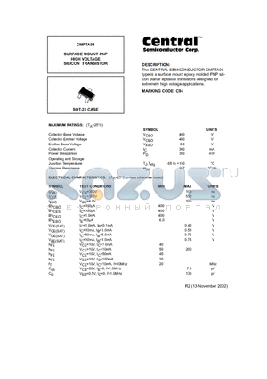 CMPTA94 datasheet - SURFACE MOUNT PNP HIGH VOLTAGE SILICON TRANSISTOR