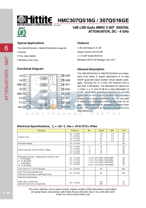 307QS16GE datasheet - 1dB LSB GaAs MMIC 5-BIT DIGITAL ATTENUATOR, DC - 4 GHz