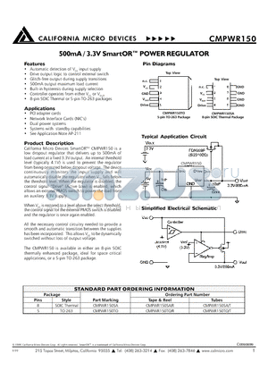 CMPWR150 datasheet - 500mA/3.3V  SMARTOR Power Regulator