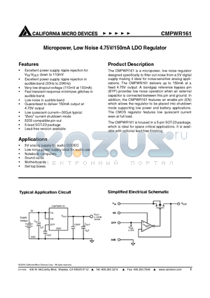 CMPWR161Y datasheet - Micropower, Low Noise 4.75V/150mA LDO Regulator