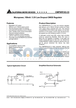 CMPWR163-33 datasheet - Micropower, 150mA / 3.3V Low Dropout CMOS Regulator