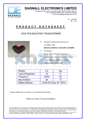 D3022 datasheet - 12VA PCB MOUNTED TRANSFORMER