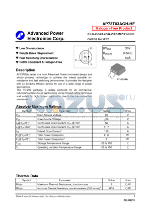 AP73T03AGH-HF datasheet - N-CHANNEL ENHANCEMENT MODE POWER MOSFET