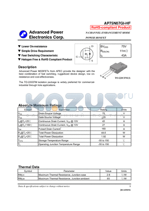 AP75N07GI-HF datasheet - N-CHANNEL ENHANCEMENT MODE POWER MOSFET