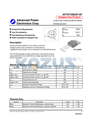 AP75T10BGP-HF datasheet - N-CHANNEL ENHANCEMENT MODE POWER MOSFET