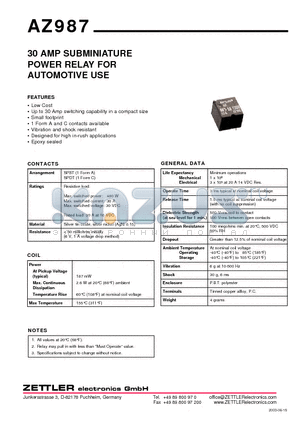 AZ987-1A-10DE datasheet - 30 AMP SUBMINIATURE POWER RELAY FOR AUTOMOTIVE USE