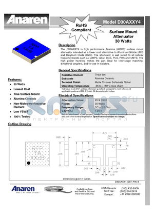 D30AXXY4 datasheet - Surface Mount Attenuator 30 Watts