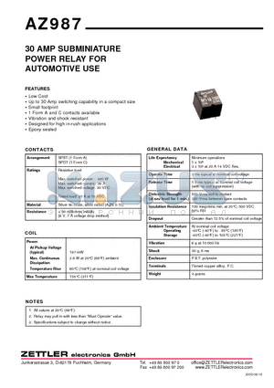AZ987 datasheet - 30 AMP SUBMINIATURE POWER RELAY FOR AUTOMOTIVE USE