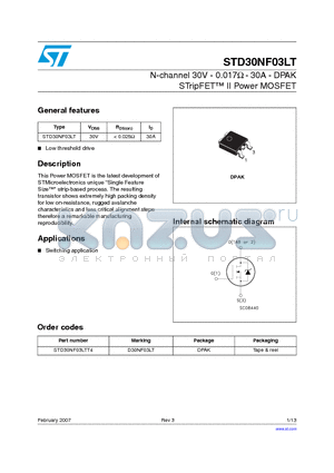 D30NF03LT datasheet - N-channel 30V - 0.017ohm - 30A - DPAK STripFET TM II Power MOSFET