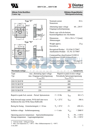 D30VC80W datasheet - Silicon-Twin Rectifiers Center tap