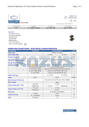 431-12.0M-3DL-TNC datasheet - 7 x 5 SMD Ceramic Low Jitter 5pS