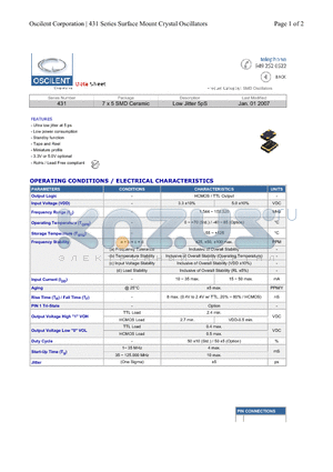 431-12.0M-3EC-TTS datasheet - 7 x 5 SMD Ceramic Low Jitter 5pS
