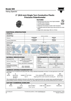 308S120KBO1 datasheet - 2 (50.8 mm) Single Turn Conductive Plastic Precision Potentiometer