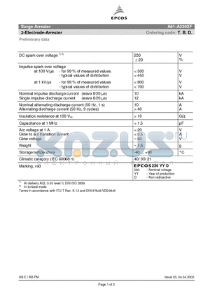 A61-A230XF datasheet - 2-Electrode-Arrester