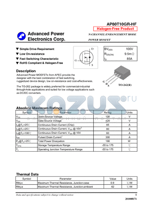 AP80T10GR-HF datasheet - N-CHANNEL ENHANCEMENT MODE POWER MOSFET