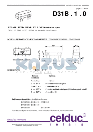 D31B3110 datasheet - DUAL IN LINE REED RELAY / 1 normally closed contact