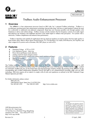 AP8111 datasheet - TruBass Audio Enhancement Processor