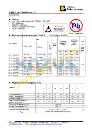 BL-FL7600UGC datasheet - SUPER FLUX LED LAMP, 4PIN LED