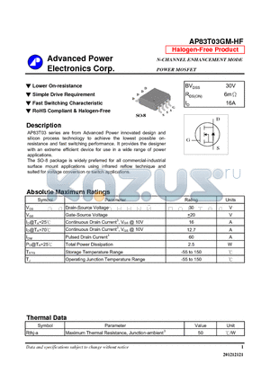 AP83T03GM-HF datasheet - Lower On-resistance, Simple Drive Requirement