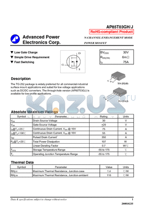 AP85T03GJ datasheet - N-CHANNEL ENHANCEMENT MODE POWER MOSFET