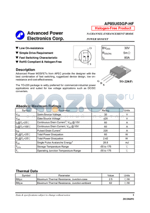 AP85U03GP-HF datasheet - Low On-resistance, Simple Drive Requirement